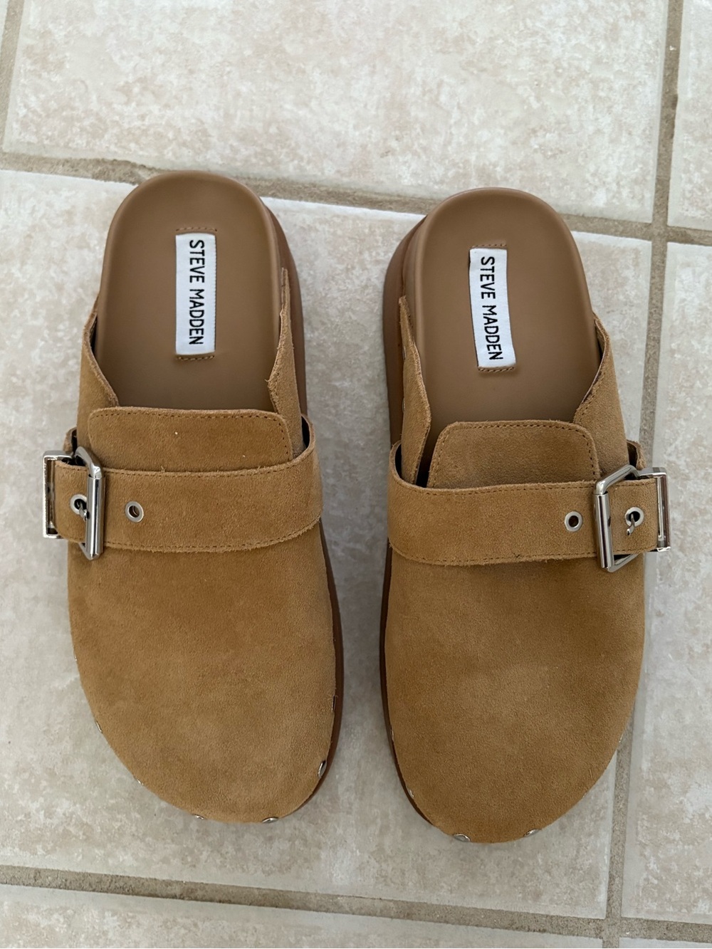 Steve Madden Tan Suede Studded Buckle Clog Mule - Picture 8 of 9